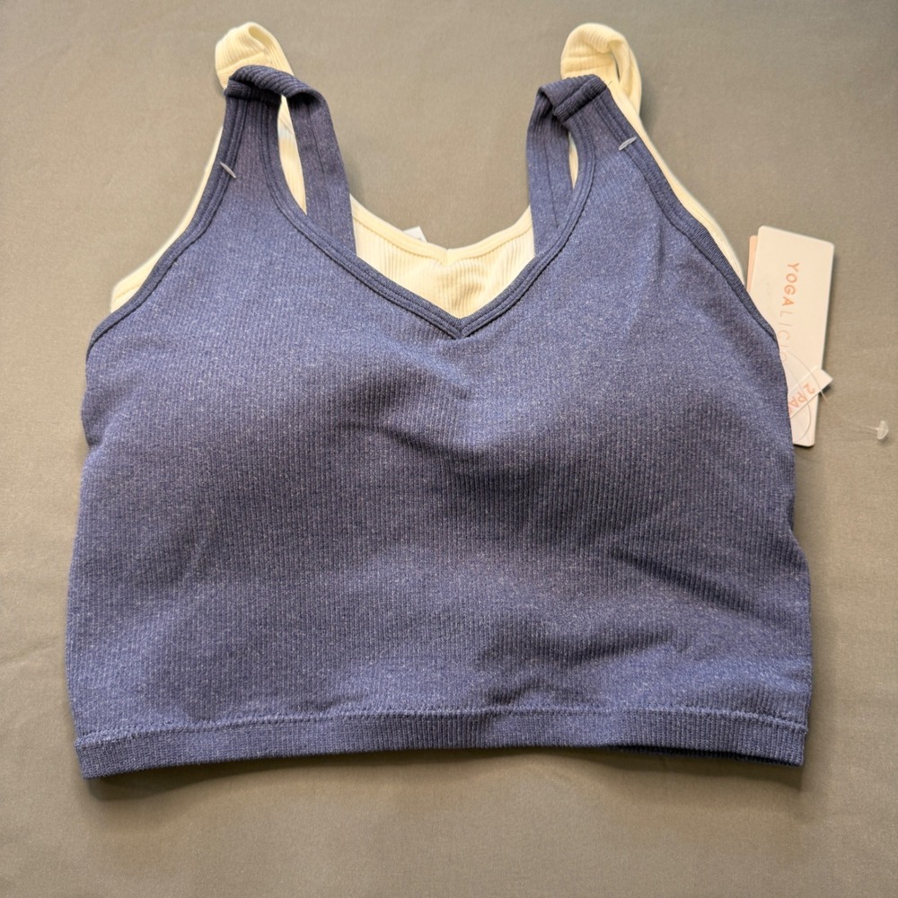 Yogalicious 2 Pack Seamless Ribbed Crop Tops Blue Cream V-Neck Bralettes NWT